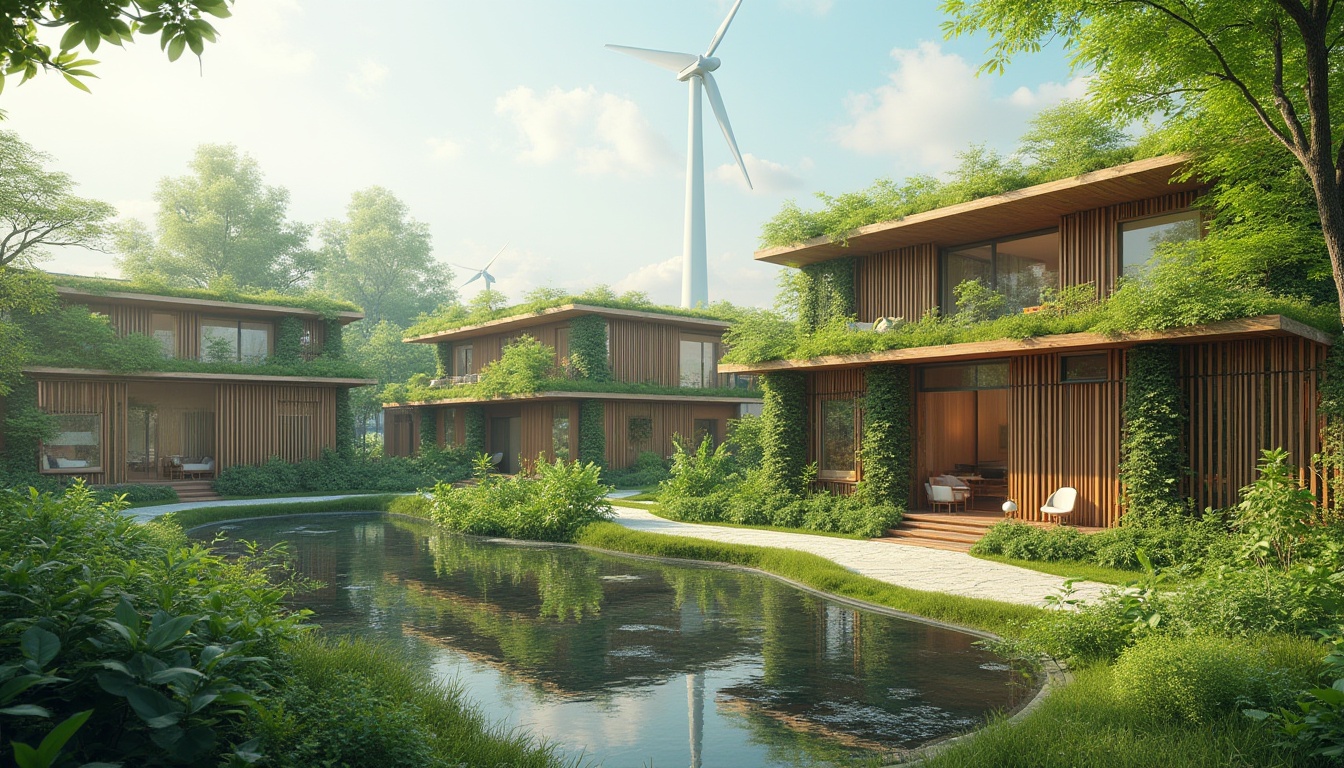 Prompt: Eco-friendly buildings, green roofs, solar panels, wind turbines, water conservation systems, recycled materials, natural ventilation, energy-efficient solutions, minimalist design, organic shapes, earthy tones, wooden accents, living walls, vertical gardens, lush greenery, serene atmosphere, soft natural lighting, shallow depth of field, 3/4 composition, panoramic view, realistic textures, ambient occlusion.