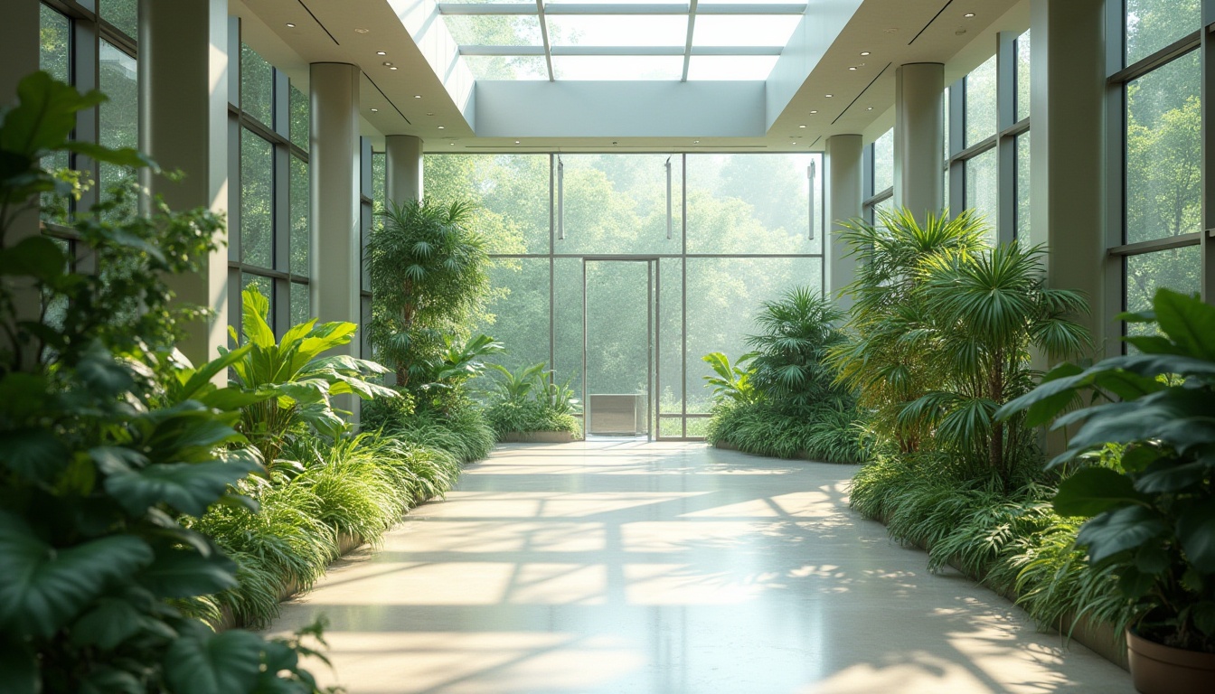 Prompt: Natural light-filled atrium, lush green walls, air-purifying plants, modern ventilation systems, sleek metal ducts, quiet operation, high-efficiency filters, automated climate control, sensor-activated airflow, spacious open layout, minimal partitions, unobstructed sightlines, calming neutral colors, soft diffused lighting, 1/1 composition, shallow depth of field, realistic textures.