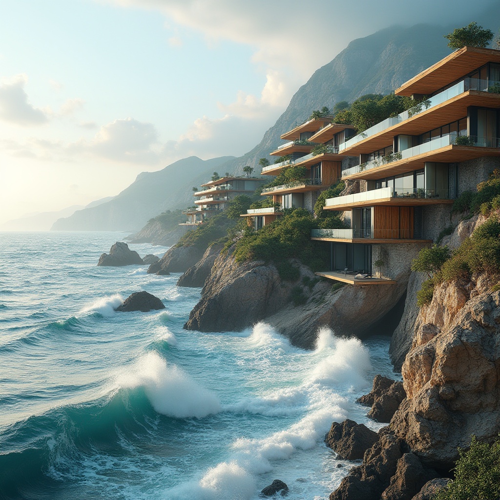 Prompt: Wave-crashing coastline, salty sea air, rugged cliffside, modern coastal buildings, sleek glass facades, undulating balconies, ocean-inspired motifs, beachy color palette, driftwood accents, weathered steel frames, cantilevered structures, dramatic overhangs, minimalist railings, natural stone cladding, iridescent glass tiles, solar panels, green roofs, wind-resistant design, storm-proof shutters, soft warm lighting, shallow depth of field, 3/4 composition, panoramic view, realistic textures, ambient occlusion.