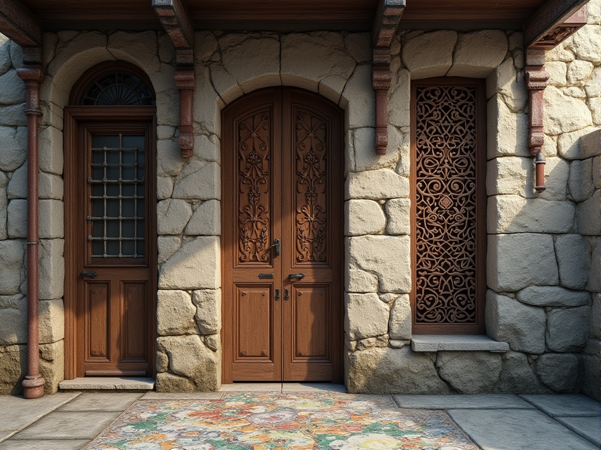 Prompt: Rough stone walls, distressed wooden planks, rusty metal grills, ornate ceramic tiles, intricately carved wooden doors, vibrant colorful mosaics, natural rock formations, weathered concrete textures, industrial-style pipes, exposed ductwork, modern minimalist aesthetic, subtle gradient lighting, shallow depth of field, 1/1 composition, realistic normal mapping, ambient occlusion.