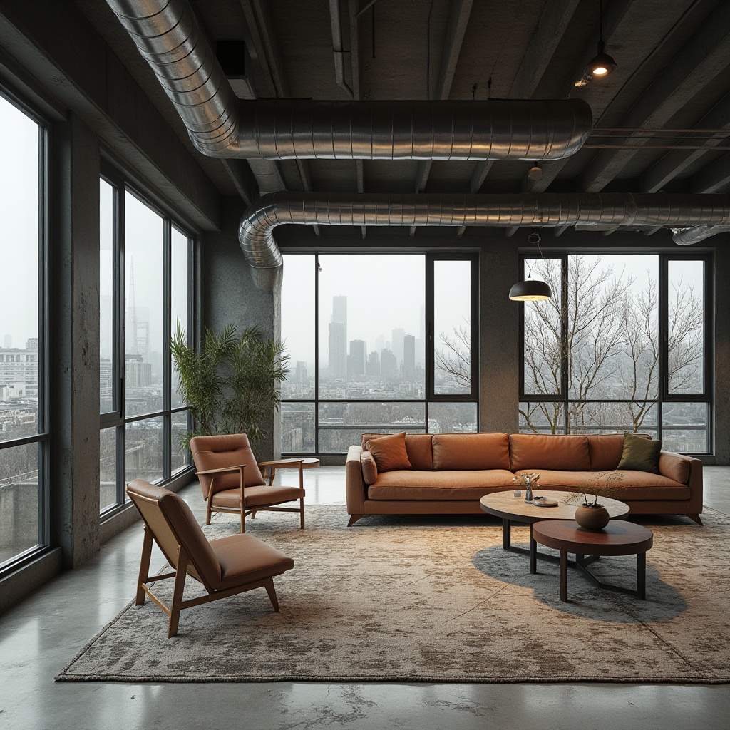 Prompt: Rationalist Bauhaus building, industrial metal framework, functional exposed ductwork, minimalist wooden furniture, sleek leather upholstery, geometric patterned rugs, monochromatic color scheme, abundant natural light, rectangular windows, concrete flooring, raw industrial textures, distressed finishes, urban cityscape background, overcast day, soft diffused lighting, shallow depth of field, 2/3 composition, symmetric framing, high-contrast rendering.