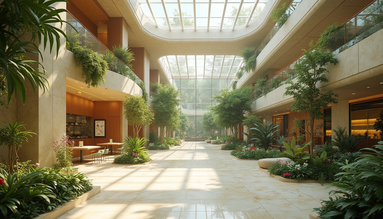 Prompt: Vibrant atrium, abundant greenery, floor-to-ceiling windows, clerestory windows, skylights, reflective surfaces, polished marble floors, minimalist decor, open floor plan, airy high ceilings, north-facing orientation, soft diffused lighting, warm beige tones, natural stone walls, wooden accents, organic shapes, flowing curves, sustainable building materials, energy-efficient systems, passive solar design, shaded outdoor spaces, misting systems, lush vegetation, blooming flowers.