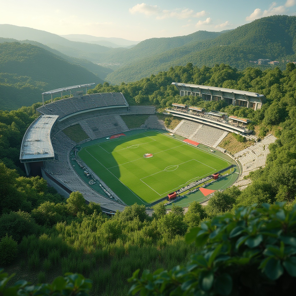 Prompt: \Sweeping green hills, integrated stadium architecture, natural stone fa\u00e7ade, lush vegetation, curved lines, modern amenities, tiered seating, athletic tracks, football fields, soccer goals, scoreboard displays, vibrant color schemes, evening ambiance, soft warm lighting, shallow depth of field, 3/4 composition, panoramic view, realistic textures, ambient occlusion.\Let me know if you need any adjustments!