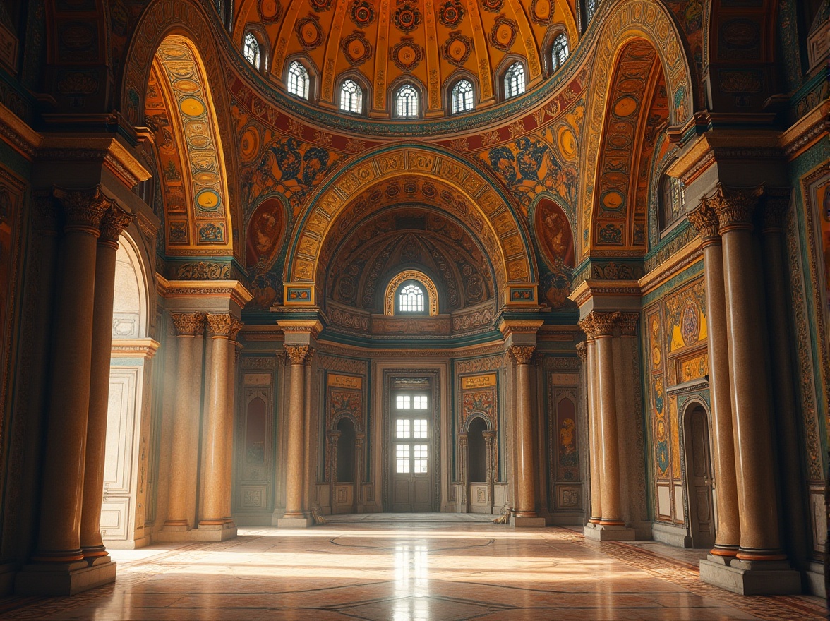 Prompt: Richly ornate Byzantine architecture, golden domes, intricate mosaics, vibrant turquoise, deep crimson, warm beige, lavish frescoes, ornamental patterns, luxurious marble floors, grand archways, majestic columns, dramatic lighting, mysterious ambiance, high contrast, warm color tones, subtle texture details, highly detailed illustrations.