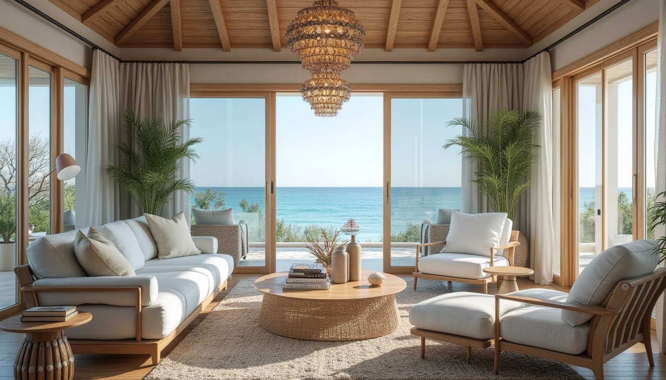 Prompt: Serene coastal vibe, natural wood accents, soft ocean blue hues, comfortable plush furniture, woven sea grass textiles, driftwood decorative pieces, vintage nautical elements, elegant shell chandeliers, large windows with ocean views, sliding glass doors, beachy area rugs, cozy reading nooks, ambient warm lighting, shallow depth of field, 1/1 composition, realistic textures, soft focus effect.