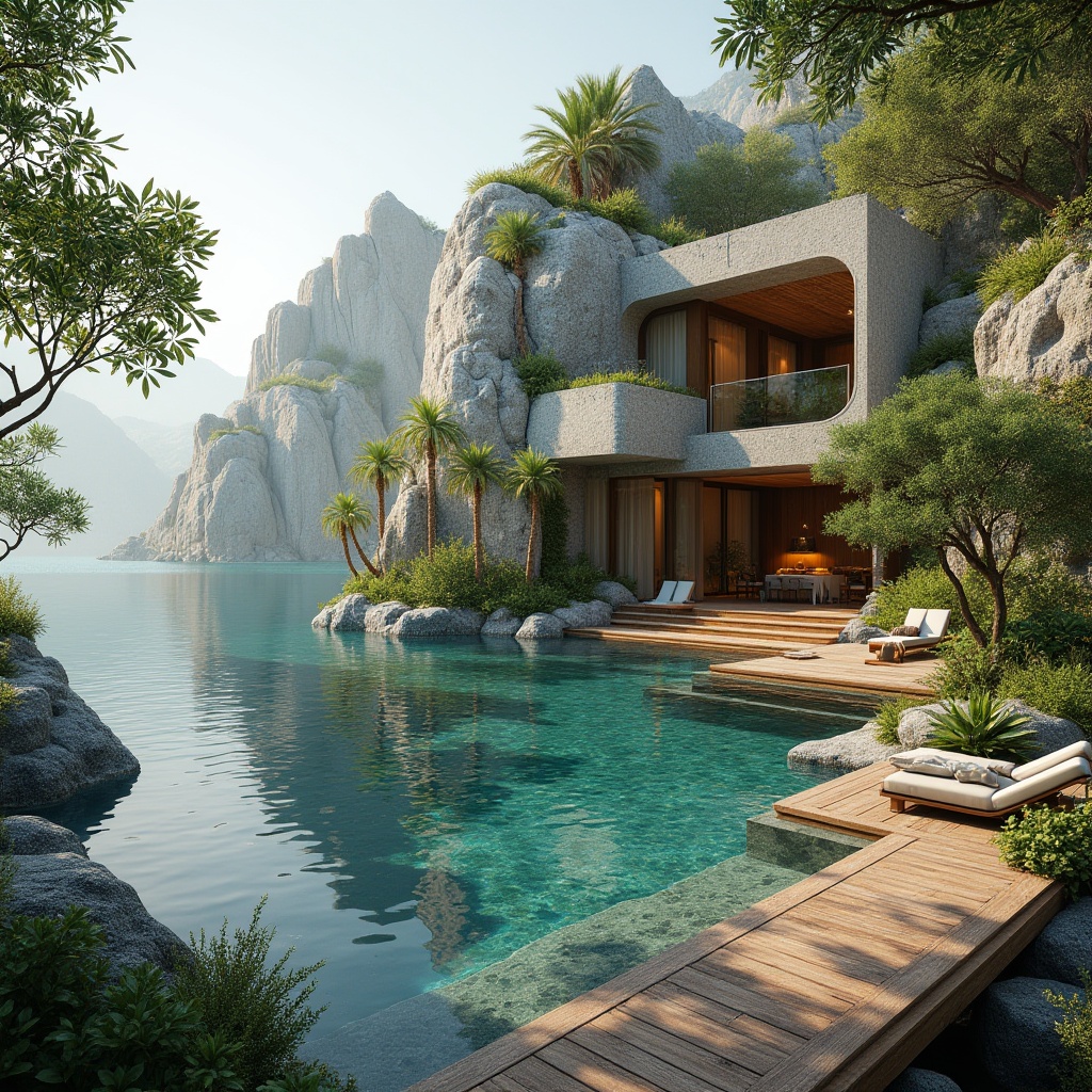 Prompt: Natural rocky formations, serene lake surroundings, lush greenery, tropical plants, vibrant flowers, wooden decking, eco-friendly pool materials, saltwater systems, solar-powered pumps, water conservation technologies, infinity edge designs, vanishing edge effects, soft warm lighting, shallow depth of field, 1/1 composition, realistic textures, ambient occlusion, modern minimalist architecture, glass fencing, stone walls, organic curves, natural stonework, earthy color palette.