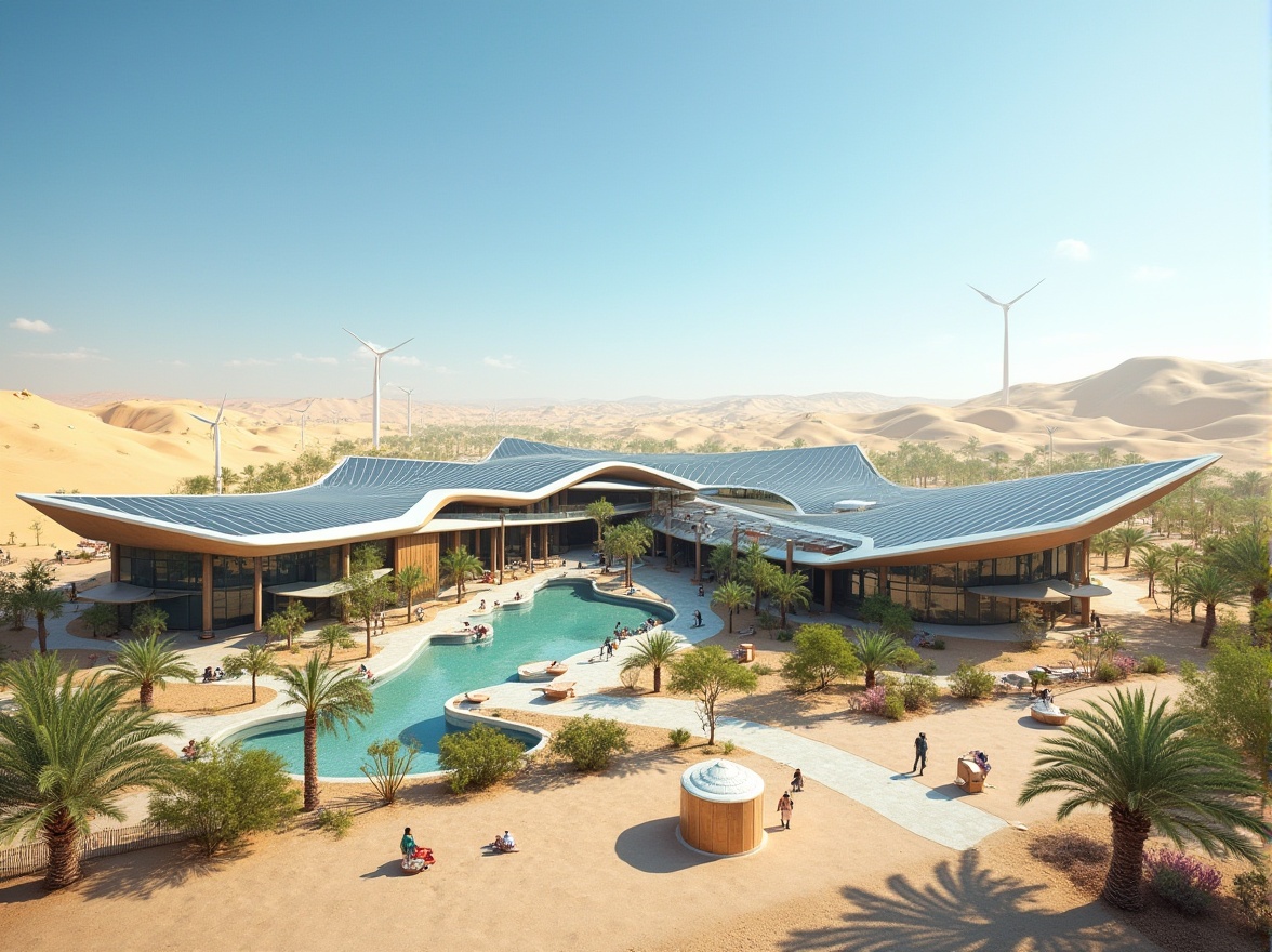 Prompt: Eco-friendly school campus, futuristic architecture, solar panels, green roofs, wind turbines, water conservation systems, sustainable materials, minimalist design, angular lines, sleek metal buildings, reflective glass surfaces, vibrant colorful textiles, intricate geometric motifs, desert landscape, sandy dunes, cactus plants, hot sunny day, clear blue sky, vast open space, shaded outdoor spaces, misting systems, Arabic-inspired patterns, panoramic view, shallow depth of field, 3/4 composition, realistic textures, ambient occlusion.