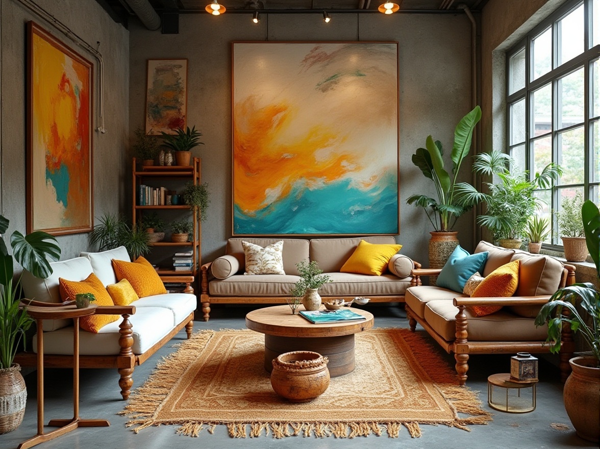 Prompt: Vibrant art studio, eclectic furniture, abstract artwork, warm wooden accents, creamy whites, rich turquoise, deep blues, bold yellows, earthy terracotta, luxurious velvet fabrics, metallic gold details, industrial concrete walls, natural stone floors, floor-to-ceiling windows, abundance of greenery, bohemian-inspired decor, relaxed ambient lighting, soft focus photography, 1/2 composition, shallow depth of field.