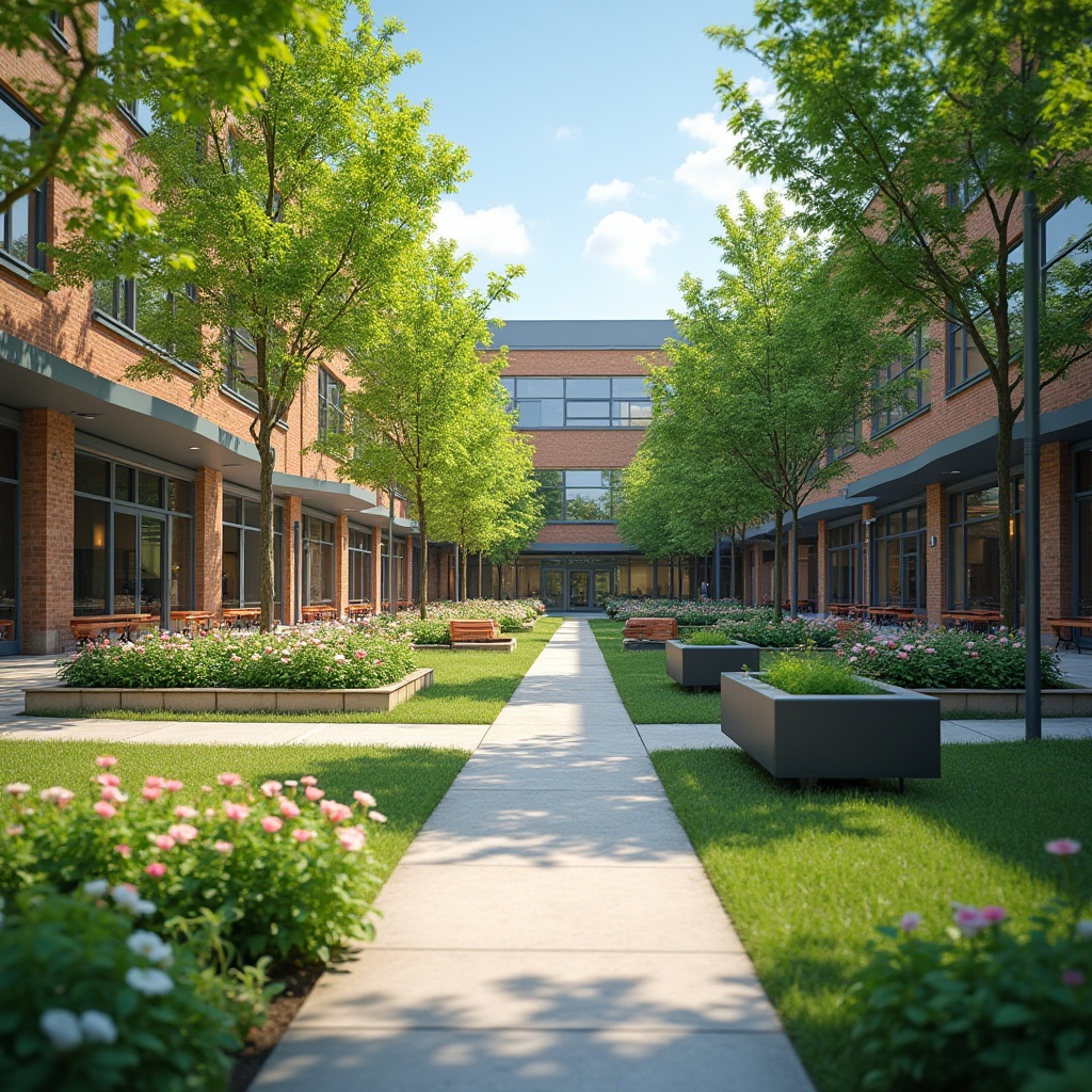 Prompt: Vibrant student courtyard, lush green lawns, colorful blooming flowers, modern outdoor furniture, stylish planters, walking paths, natural stone paving, wooden benches, educational signage, dynamic lighting, shallow depth of field, 3/4 composition, panoramic view, realistic textures, ambient occlusion.