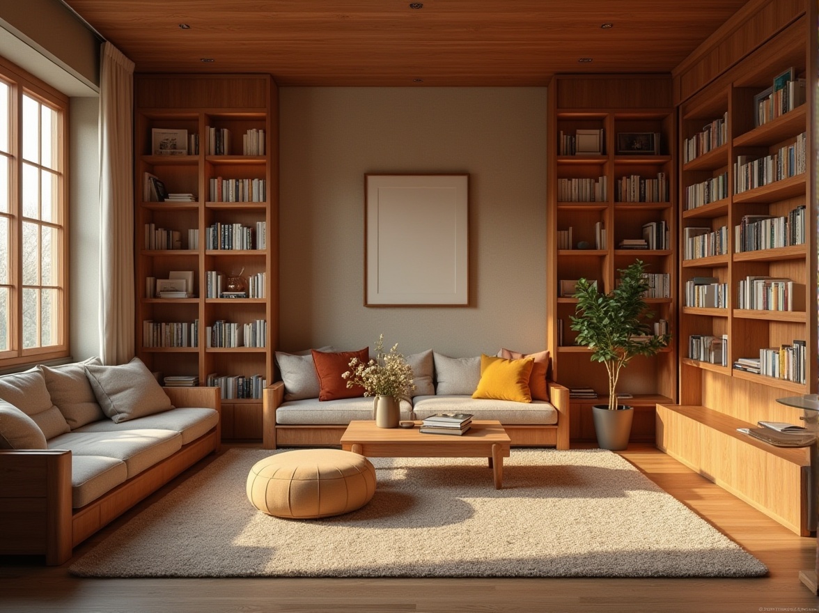 Prompt: Cozy reading nook, warm beige walls, rich wood accents, comfortable seating areas, floor-to-ceiling bookshelves, soft warm lighting, earthy tones, natural stone flooring, plush carpeting, vibrant accent colors, modern minimalist furniture, eclectic decorative items, calm atmosphere, subtle textures, gentle color transitions, 1/1 composition, soft focus, ambient occlusion.