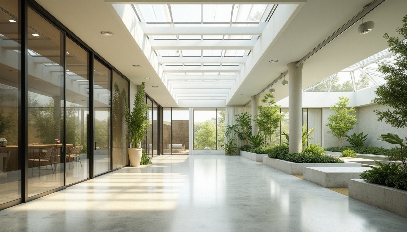 Prompt: Spacious open-plan interior, abundant natural light, floor-to-ceiling windows, sliding glass doors, clerestory windows, skylights, translucent roofing materials, reflective white walls, polished concrete floors, minimal obstruction, seamless transitions, organic shapes, biophilic design, verdant green walls, living roofs, solar tubes, prismatic skylights, soft diffused lighting, warm color palette, 1/1 composition, realistic textures, ambient occlusion.