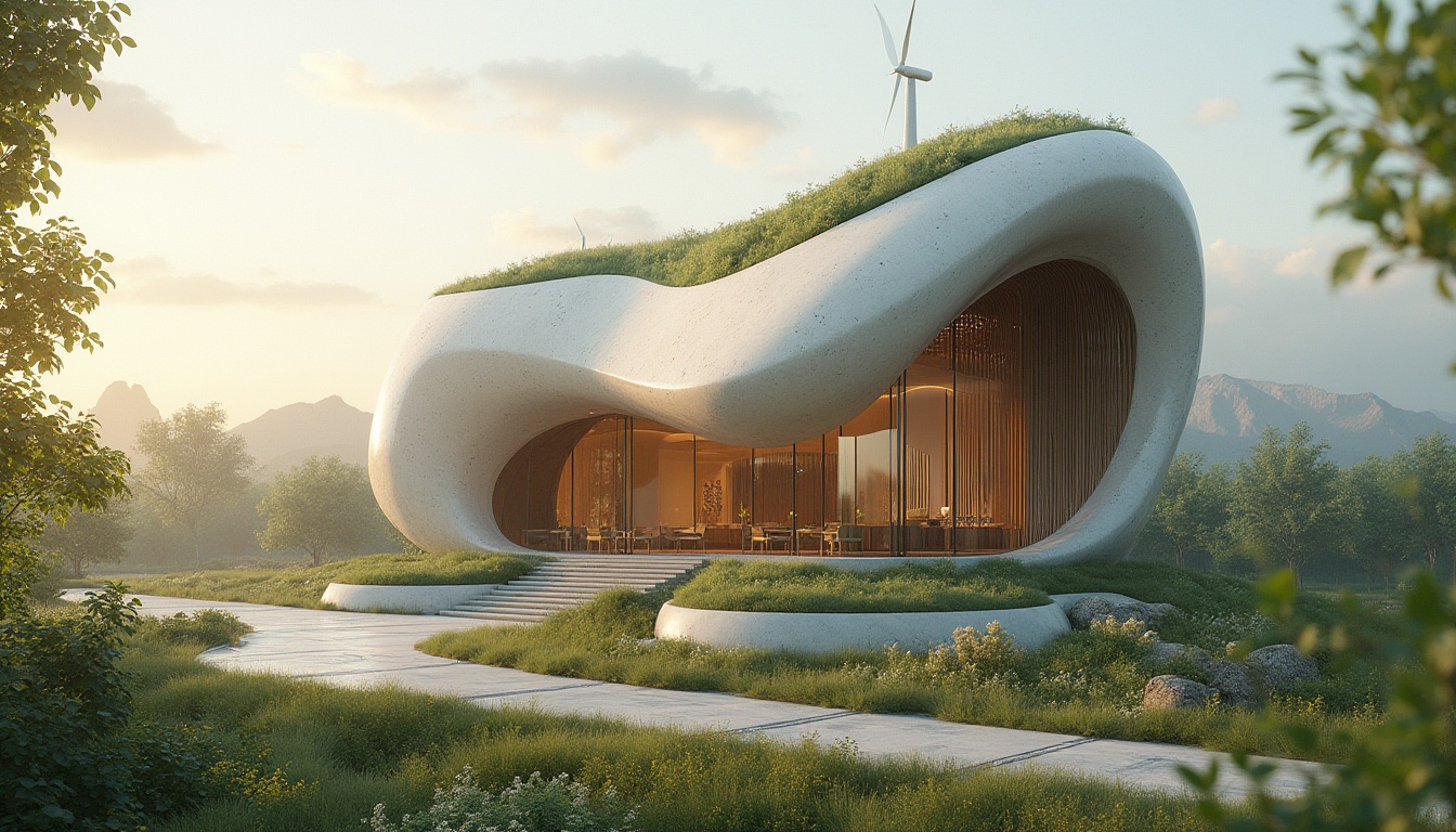 Prompt: Organic blob-like church structure, undulating curves, natural materials, reclaimed wood accents, living green roofs, rainwater harvesting systems, solar panels, wind turbines, eco-friendly concrete, minimalist interior design, soft warm lighting, shallow depth of field, 3/4 composition, panoramic view, realistic textures, ambient occlusion, serene atmosphere, peaceful ambiance, spiritual connection to nature.