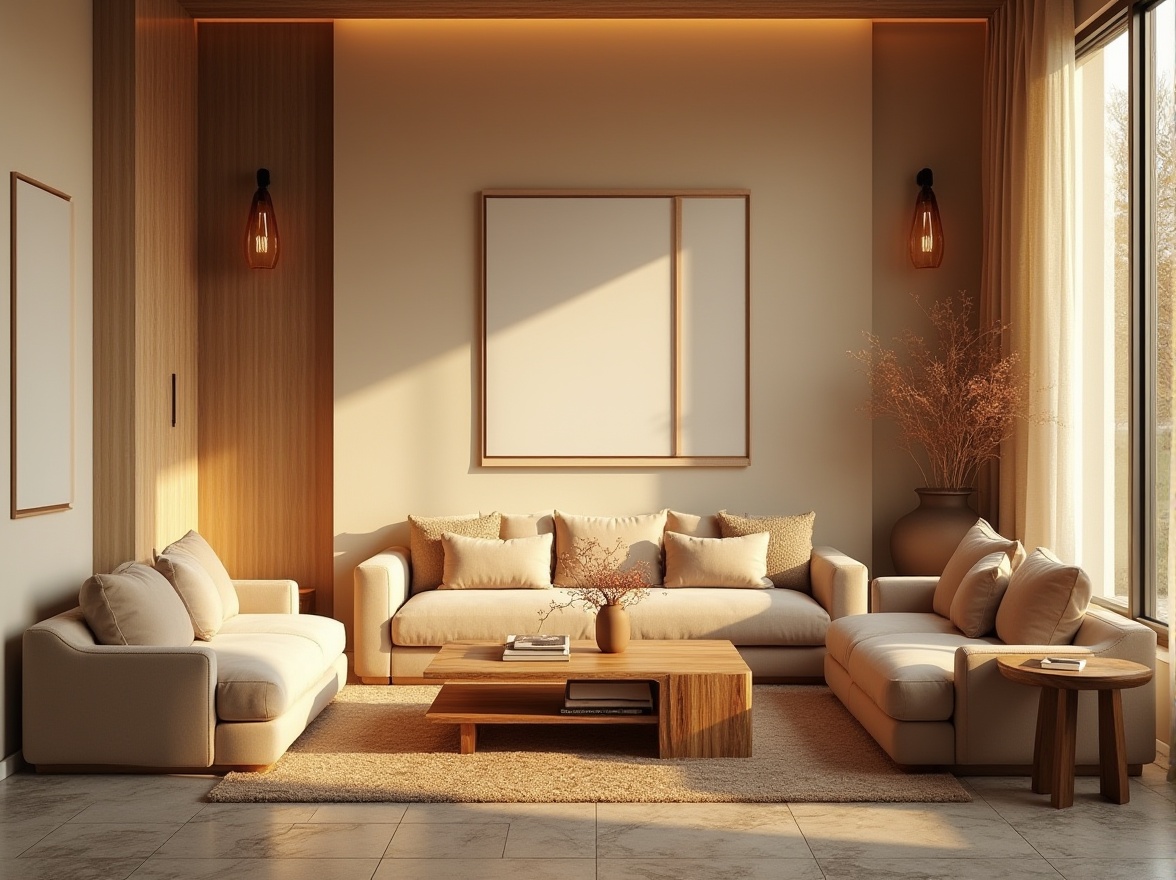 Prompt: Cozy living room, warm beige walls, plush velvet sofas, wooden coffee tables, soft golden lighting, large windows, elegant drapery, minimal ornamentation, calm color palette, comfortable seating areas, natural stone flooring, warm atmosphere, inviting textures, shallow depth of field, 1/1 composition, realistic rendering.