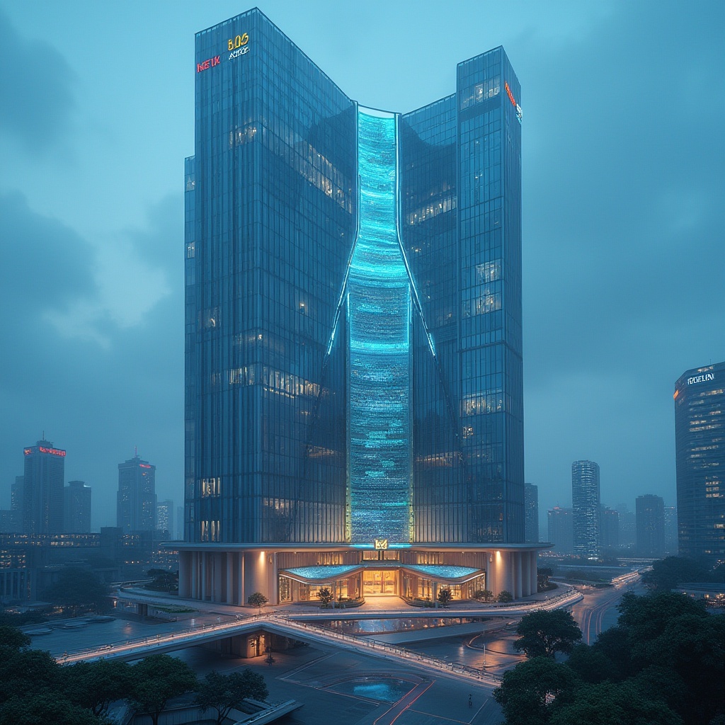 Prompt: Futuristic skyscraper, neon-lit exterior, iridescent glass fa\u00e7ade, angular metallic lines, holographic advertisements, sleek minimalist entrance, automatic sliding doors, high-tech security systems, rooftop gardens, aerial walkways, cityscape views, misty evening atmosphere, soft blue lighting, shallow depth of field, 3/4 composition, panoramic view, realistic reflections, ambient occlusion.