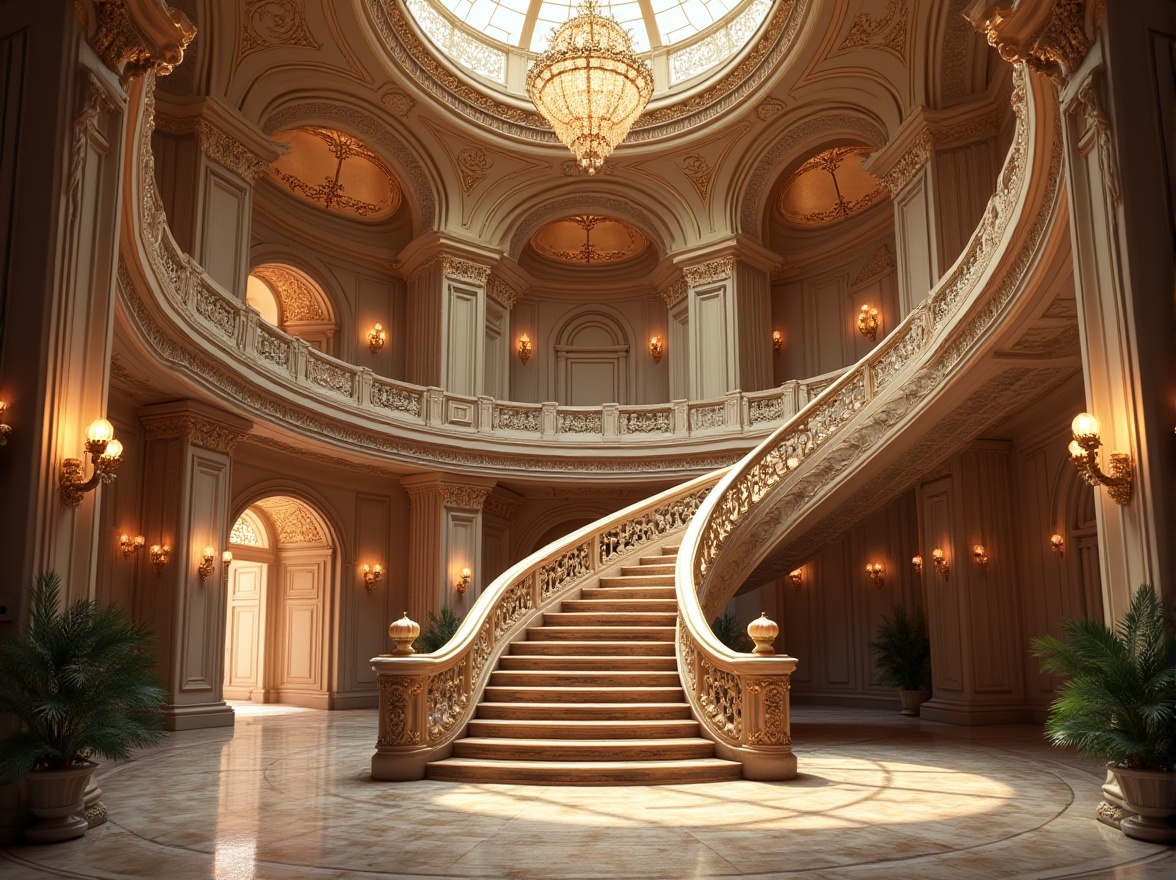 Prompt: Undulating curves, flowing arches, ornate decorations, grandiose entrances, sweeping staircases, intricate railings, lavish chandeliers, opulent materials, majestic columns, symmetrical facades, Baroque-inspired motifs, highly detailed ornaments, soft warm lighting, shallow depth of field, 1/2 composition, realistic textures, ambient occlusion.