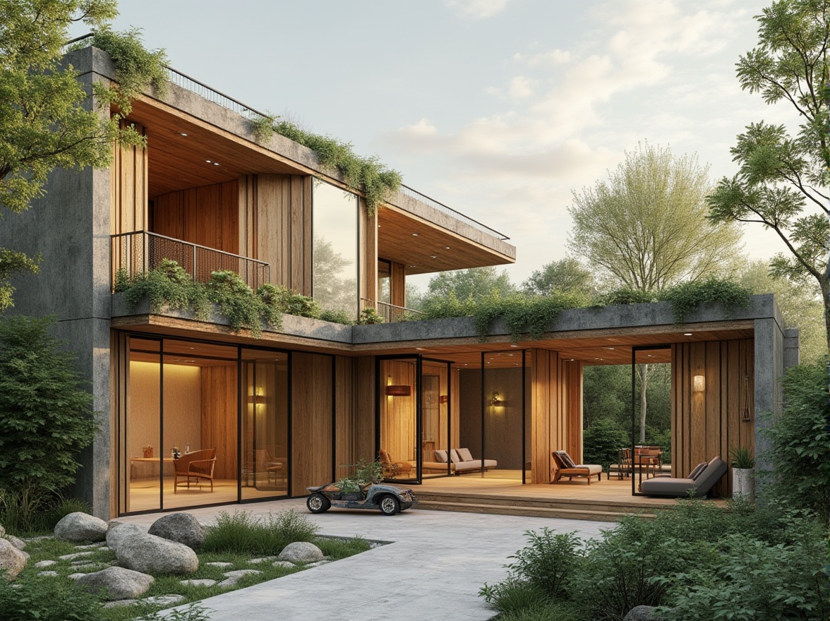 Prompt: Eco-friendly buildings, sustainable materials, reclaimed wood accents, low-carbon concrete, solar panels, green roofs, living walls, bamboo flooring, recycled glass surfaces, minimalist design, natural textures, earthy color palette, soft warm lighting, shallow depth of field, 3/4 composition, realistic renderings, ambient occlusion.