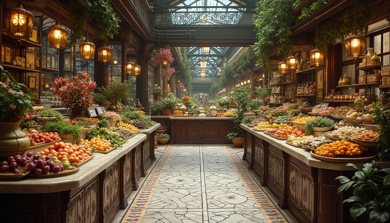 Prompt: Intricate tile work, flowing organic lines, ornate metal fixtures, lush greenery, fresh produce displays, artisanal food arrangements, elegant wooden shelves, stained glass windows, warm soft lighting, shallow depth of field, 1/2 composition, realistic textures, ambient occlusion, bustling marketplace atmosphere, vibrant colorful packaging, antique-style signage, decorative ceramic vases, ornate flower patterns, grandiose high ceilings, luxurious marble countertops.