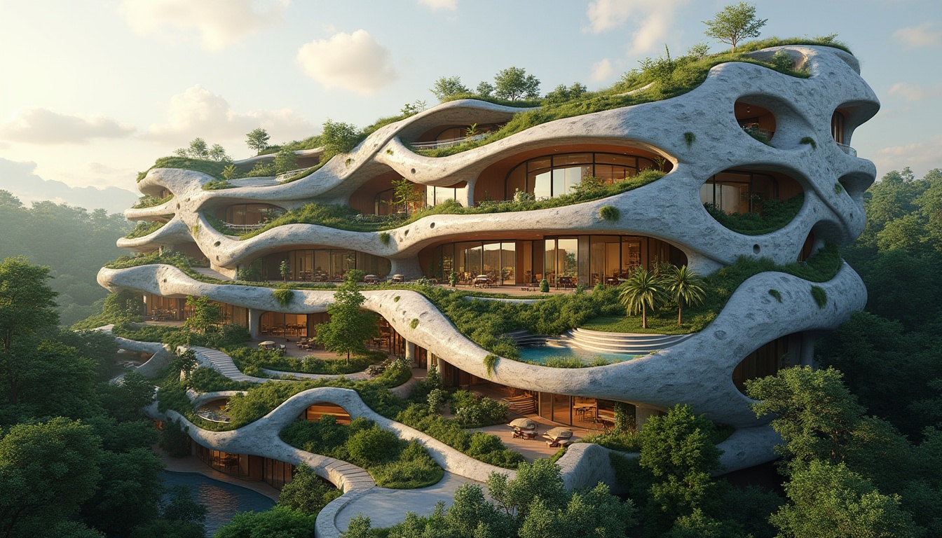 Prompt: Undulating organic facade, curvaceous lines, natural stone cladding, verdant green walls, living roofs, biomimetic patterns, futuristic curves, sustainable energy harvesting systems, solar panels, wind turbines, rainwater collection systems, eco-friendly materials, recyclable components, minimalist ornamentation, ambient lighting, soft warm glow, shallow depth of field, 3/4 composition, panoramic view, realistic textures, atmospheric perspective.Please let me know if this meets your requirements!