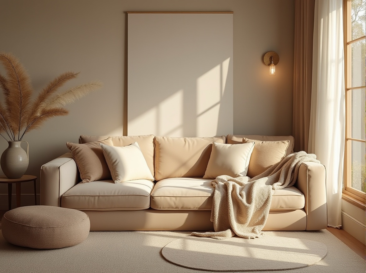 Prompt: Cozy living room, plush velvet sofa, soft gentle cushions, warm beige carpeting, natural woven fibers, elegant drapery, subtle sheen fabrics, tactile upholstery, comforting throw blankets, inviting ambiance, relaxing atmosphere, softbox lighting, 1/1 composition, shallow depth of field, realistic textures, ambient occlusion.