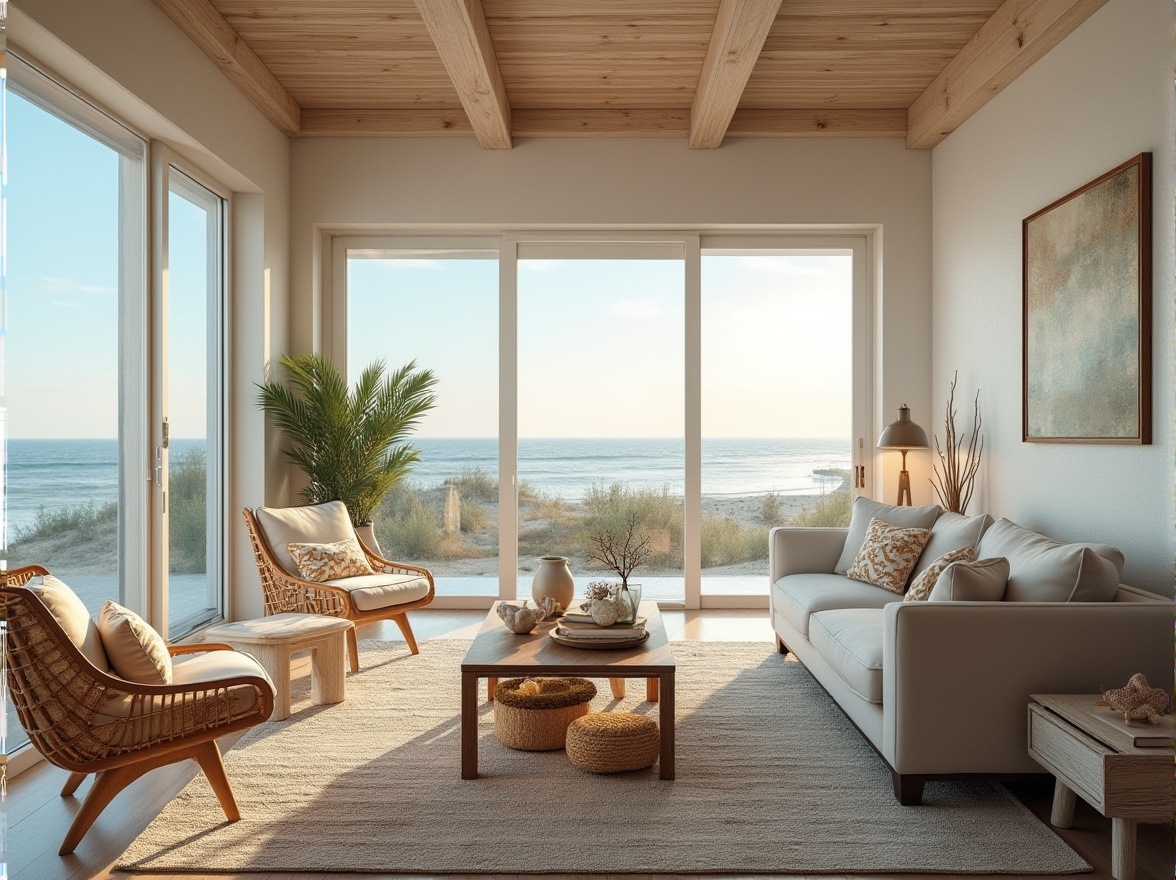 Prompt: Coastal living room, ocean-inspired color palette, driftwood furniture, natural fiber rugs, sea-glass accents, coral-patterned textiles, comfortable sectional sofas, floor-to-ceiling windows, sliding glass doors, beachy ambiance, warm soft lighting, 1/1 composition, symmetrical balance, calming atmosphere, serene decorative objects, shells, pebbles, nautical elements, distressed wood finishes, ocean-breeze sound effects, morning sunlight, gentle waves.