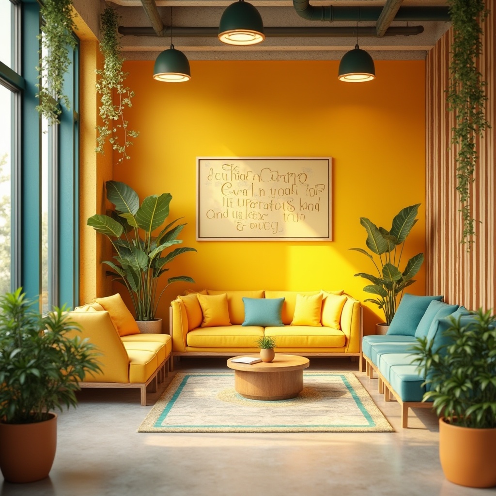 Prompt: Vibrant motivational space, bold citrus hues, energetic yellow accents, uplifting orange tones, calming blue undertones, neutral beige backgrounds, modern minimalist decor, sleek metal furniture, inspirational quotes, natural wood textures, abundant greenery, refreshing misting systems, soft warm lighting, shallow depth of field, 3/4 composition, realistic renderings, ambient occlusion.