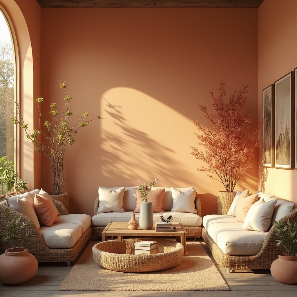 Prompt: Warm peach-colored walls, soft golden lighting, cozy plush furniture, natural woven textiles, earthy terracotta vases, rustic wooden accents, distressed metal decor, vintage-inspired accessories, airy open spaces, lush greenery, blooming flowers, sunny afternoon, gentle warm breeze, shallow depth of field, 1/1 composition, realistic textures, ambient occlusion.