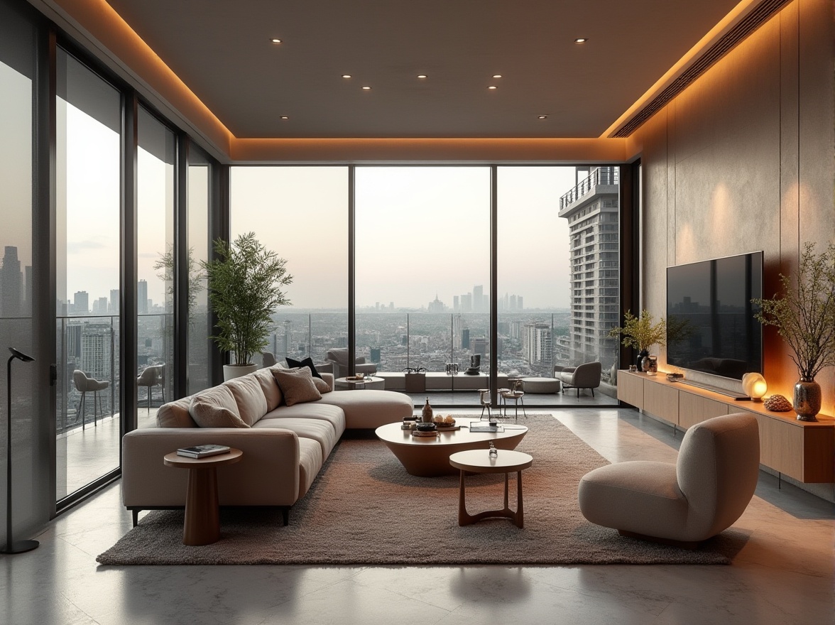 Prompt: Modern living room, sleek furniture, minimalist decor, open-plan layout, functional zones, ergonomic seating, task-oriented lighting, natural materials, textured rugs, floor-to-ceiling windows, sliding glass doors, urban skyline view, warm neutral color palette, ambient soft lighting, shallow depth of field, 1/1 composition, realistic textures, subtle reflections.