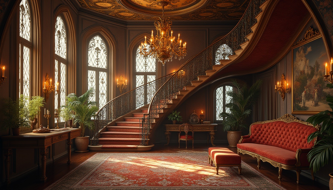 Prompt: Intricate ironwork, flowing curvilinear lines, ornate botanical patterns, luxurious fabrics, vintage furniture, rich wood tones, grand chandeliers, stained glass windows, ornamental ceiling details, elegant staircases, sophisticated color schemes, soft golden lighting, warm atmospheric ambiance, shallow depth of field, 1/2 composition, intimate perspective, realistic textures, ambient occlusion.