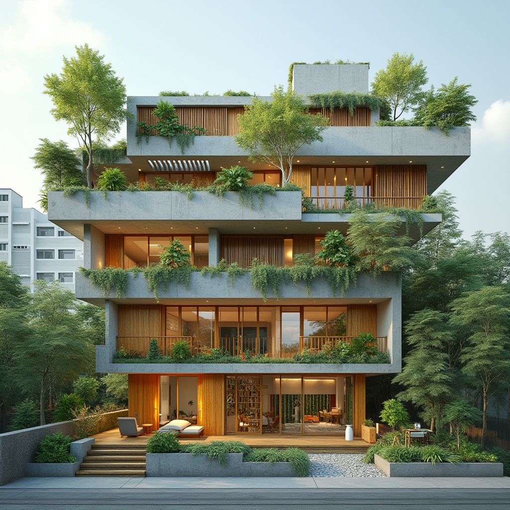 Prompt: Eco-friendly building, recycled materials, low-carbon concrete, reclaimed wood, bamboo structures, green roofs, living walls, solar panels, wind turbines, rainwater harvesting systems, grey water reuse, composting toilets, organic gardens, vertical farming, natural ventilation, passive design, energy-efficient windows, thermal insulation, minimalist aesthetic, industrial chic, urban revitalization, community-focused development, resilient infrastructure, futuristic architecture, innovative construction techniques.