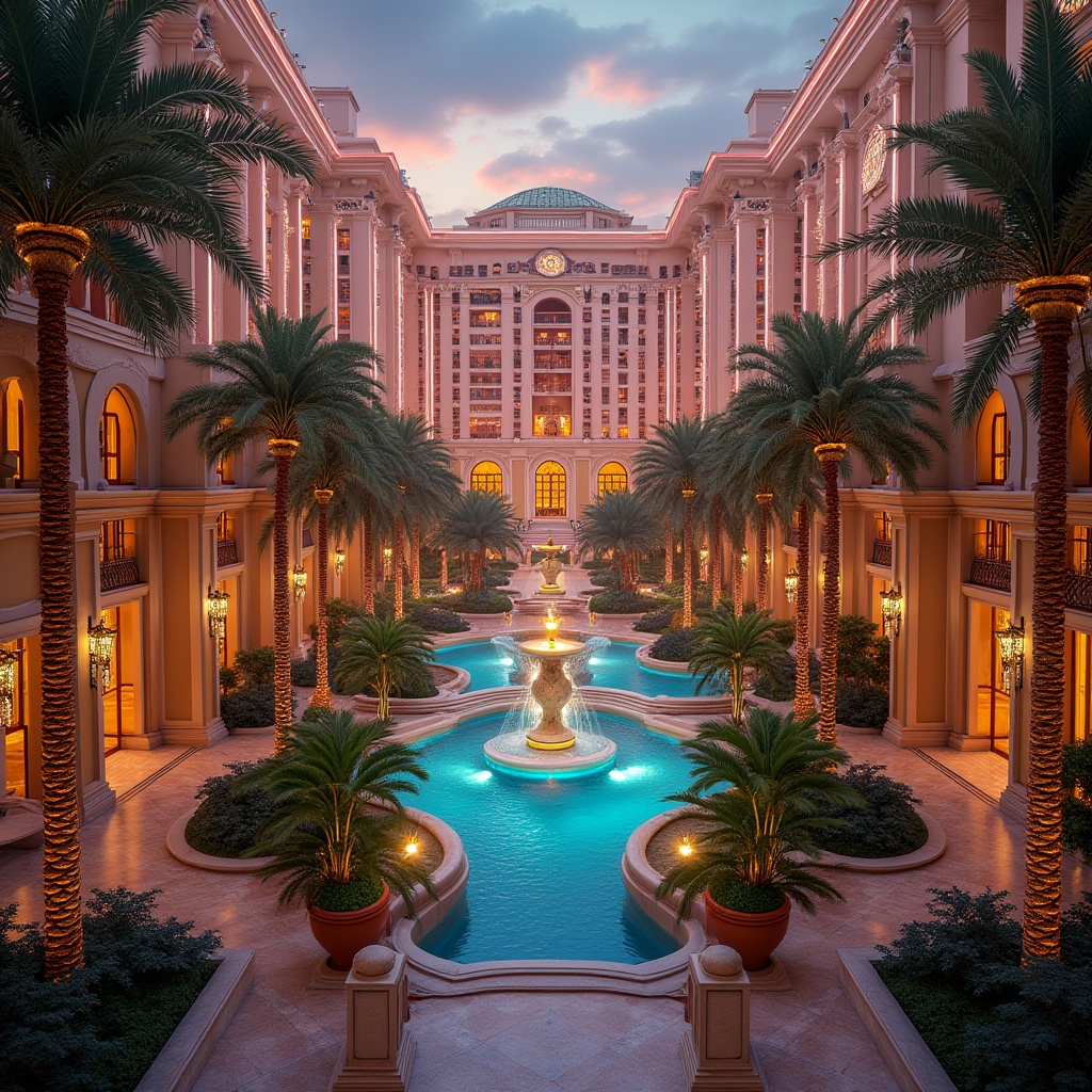 Prompt: Vibrant casino facade, neon light displays, luxurious water features, lush tropical gardens, exotic palm trees, winding pedestrian pathways, ornate fountains, grand entrance archways, elegant marble flooring, opulent chandeliers, lavish interior decor, natural stone walls, dramatic staircase designs, panoramic views of surrounding cityscape, warm golden lighting, shallow depth of field, 1/2 composition, realistic textures, ambient occlusion.