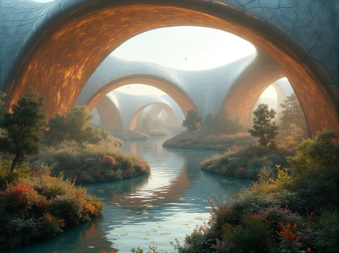 Prompt: Undulating curves, sweeping arches, fluid organic shapes, futuristic architecture, iridescent glass facades, shimmering metallic surfaces, parametric design, algorithmic patterns, sinuous lines, botanical gardens, lush greenery, vibrant flowers, misty atmosphere, soft warm lighting, shallow depth of field, 3/4 composition, panoramic view, realistic textures, ambient occlusion.