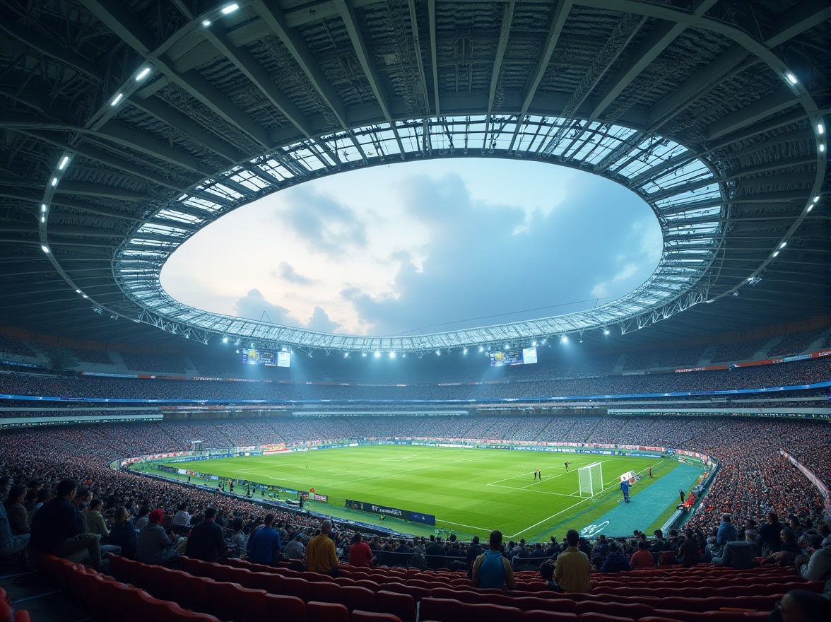 Prompt: Massive stadium structure, curved arches, sleek steel beams, cantilevered roofs, grand entrance gates, vibrant team colors, retractable seating, lush green turf, athletic track surrounds, modern scoreboard displays, floodlighting systems, evening misty atmosphere, low-angle dramatic lighting, 2/3 composition, symmetrical framing, detailed textures, atmospheric fog effects.