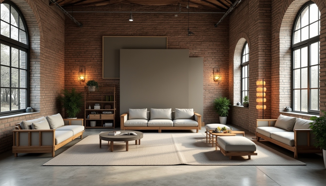 Prompt: Rustic industrial setting, exposed brick walls, polished concrete floors, reclaimed wood accents, sleek metal frames, minimalist decor, functional simplicity, bold color blocking, geometric shapes, rectangular forms, clean lines, sparse ornamentation, natural textiles, woven fibers, earthy tones, matte finishes, subtle gradient effects, soft diffused lighting, high-contrast shading, 1/1 composition, realistic materials, ambient occlusion.