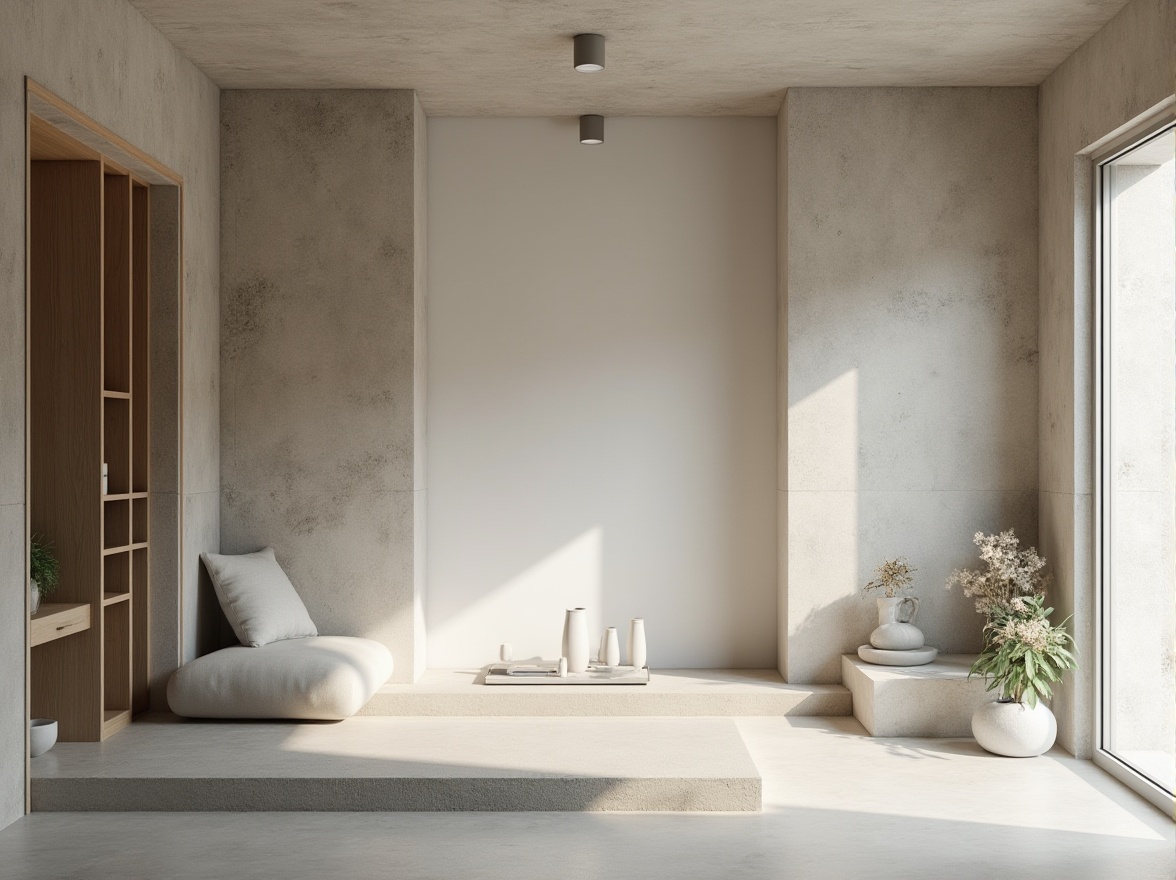 Prompt: Monochromatic interior space, clean lines, minimal decor, natural stone walls, polished concrete floors, wooden accents, subtle texture contrasts, soft diffused lighting, 1/1 composition, shallow depth of field, realistic material renderings, ambient occlusion, calm atmosphere, serene ambiance, neutral color palette, organic shapes, simplistic forms, industrial materials, tactile surfaces.