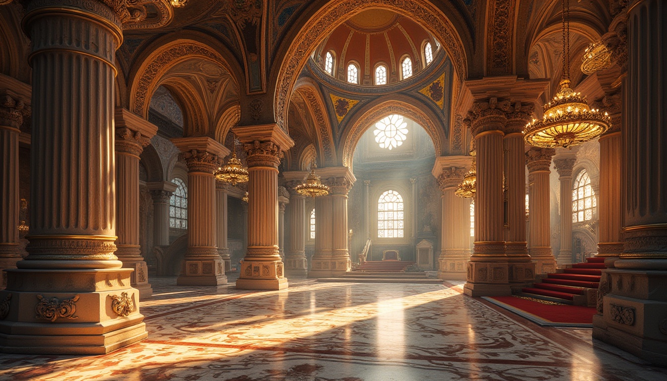 Prompt: Intricate stone carvings, ornate arches, grand domes, vibrant mosaics, richly textured fabrics, lavish chandeliers, gilded accents, polished marble floors, imposing columns, intricate frescoes, Byzantine-inspired patterns, golden lighting, warm atmospheric glow, shallow depth of field, 1/1 composition, symmetrical framing, highly detailed textures, ambient occlusion.