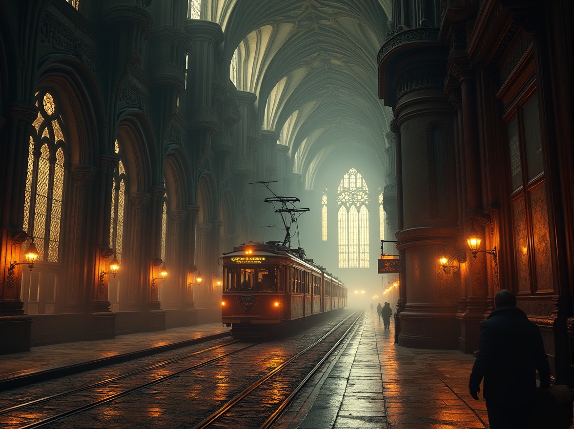 Prompt: Intricate tram station, captivating Gothic arches, ribbed vaults, ornate stone carvings, grand entrance halls, high ceilings, stunning stained glass windows, pointed towers, flying buttresses, dramatic lighting, mysterious ambiance, misty atmosphere, foggy morning, warm golden illumination, 1/2 composition, symmetrical framing, detailed textures, ambient occlusion.