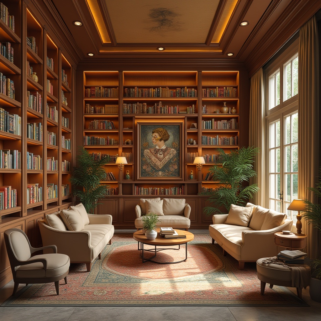 Prompt: Cozy library interior, warm beige walls, rich walnut wood shelves, comfortable reading nooks, plush armchairs, soft golden lighting, vibrant book spines, eclectic artwork, natural stone floors, intricate carpet patterns, earthy color scheme, calming atmosphere, relaxing ambiance, warm neutral tones, inviting seating areas, floor-to-ceiling windows, abundant natural light, 3/4 composition, shallow depth of field, realistic textures, ambient occlusion.