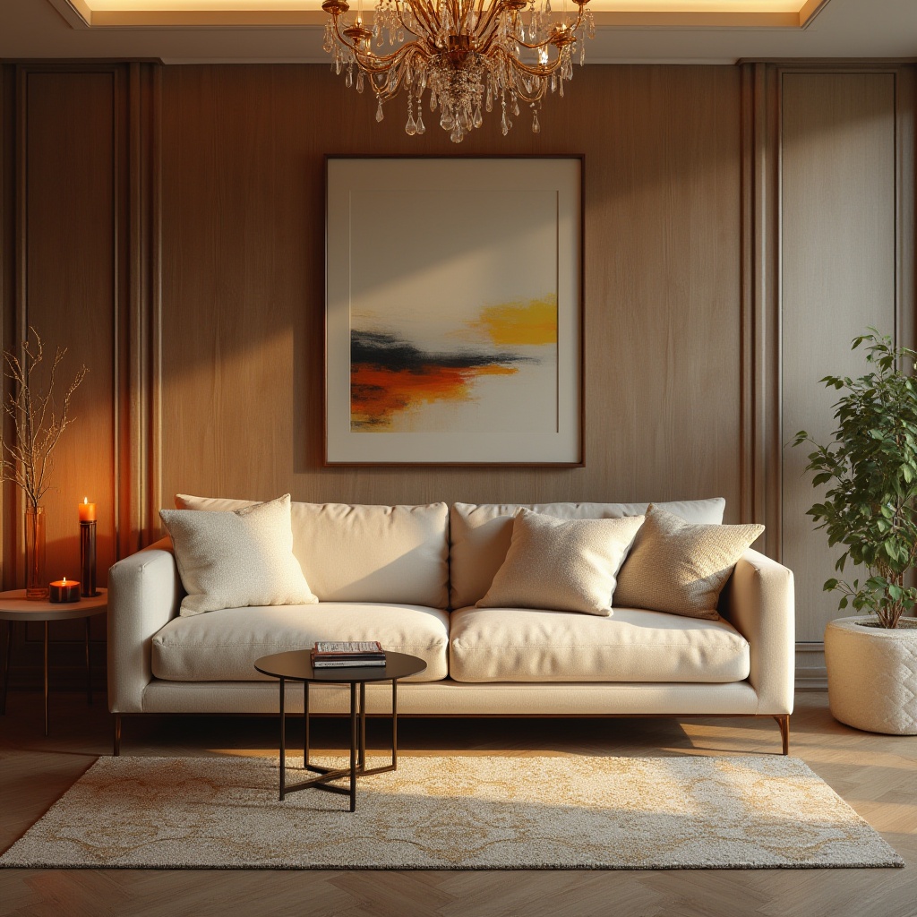 Prompt: Luxurious living room, plush velvet sofa, soft cotton throw pillows, natural linen upholstery, rich wood accents, warm beige carpet, subtle patterned rugs, cozy candle lighting, elegant crystal chandelier, modern minimalist decor, sleek metal legs, comfortable ergonomic design, vibrant colorful artwork, serene ambiance, shallow depth of field, 1/2 composition, warm soft focus.