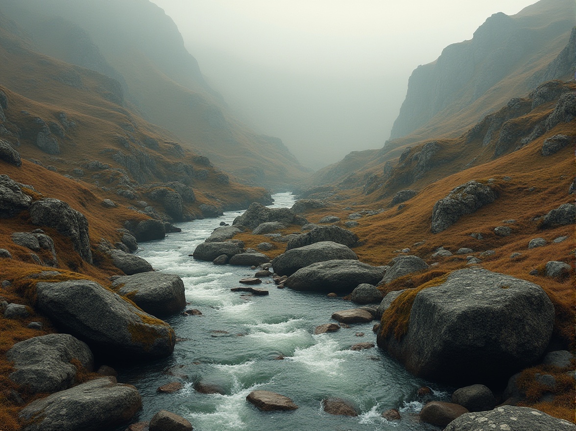 Prompt: Undulating hills, meandering rivers, natural stone formations, weathered wooden planks, earthy tones, moss-covered boulders, curved lines, free-flowing shapes, irregular silhouettes, organic textures, natural light filtering, soft focus, atmospheric perspective, misty ambiance, warm color palette, serene atmosphere, 1/1 composition, intimate scale, subtle details.