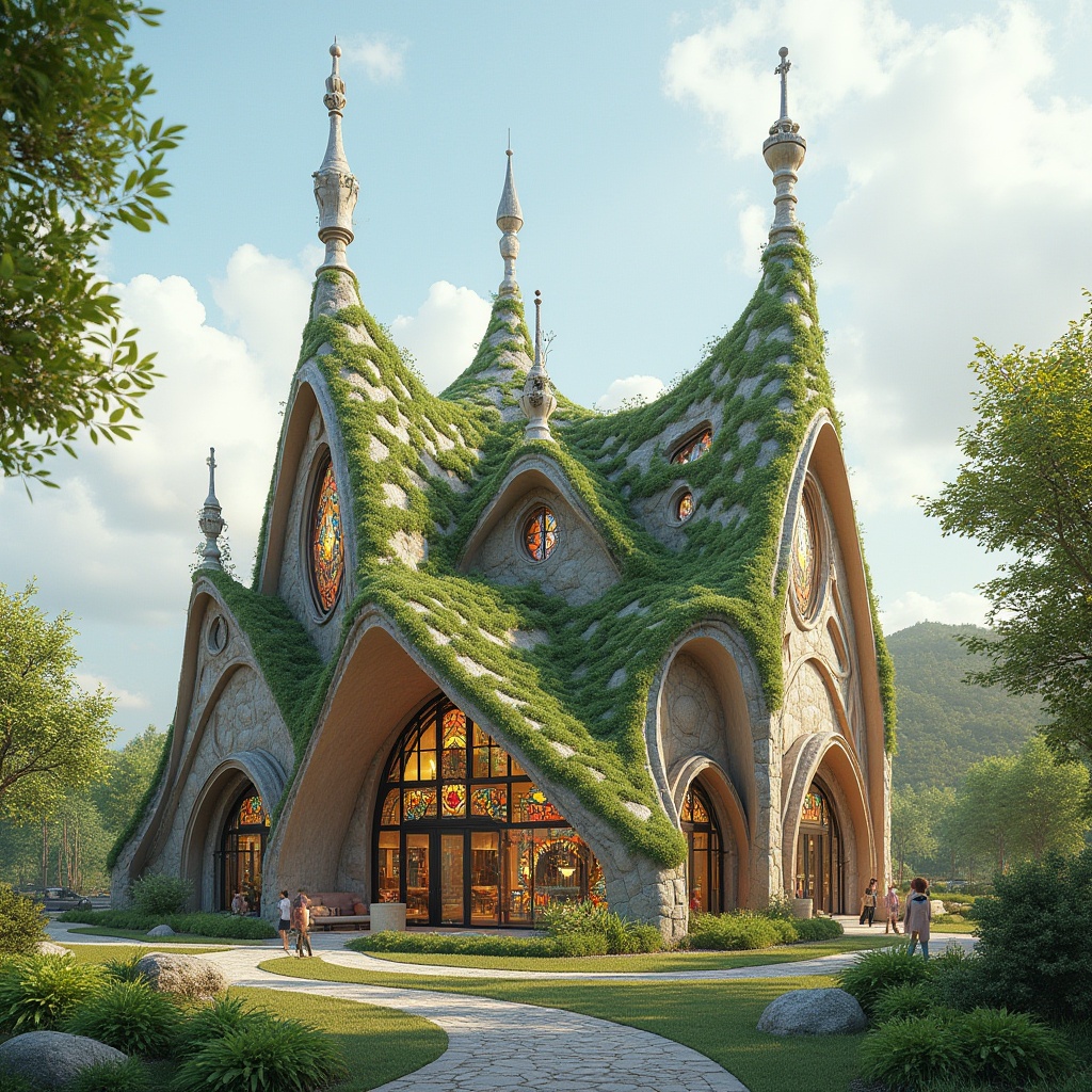 Prompt: Eco-friendly Blobitecture church, organic curves, green roofs, solar panels, wind turbines, natural stone fa\u00e7ade, stained glass windows, vibrant colorful textiles, intricate geometric motifs, sustainable energy solutions, rainwater harvesting systems, grey water reuse, composting toilets, recycled materials, low-VOC paints, FSC-certified wood, minimal waste construction, bio-based insulation, clerestory windows, soft warm lighting, shallow depth of field, 3/4 composition, panoramic view, realistic textures, ambient occlusion.