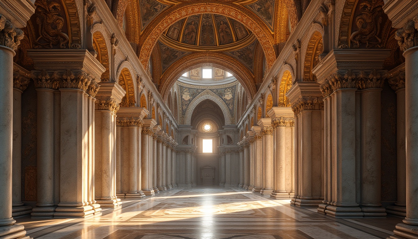 Prompt: Intricate Byzantine arches, ornate stone carvings, golden mosaics, vaulted ceilings, grand domes, elaborate frescoes, richly patterned textiles, luxurious marble floors, ornamental capitals, majestic columns, sacred religious icons, warm soft lighting, shallow depth of field, 1/1 composition, symmetrical framing, realistic textures, ambient occlusion.