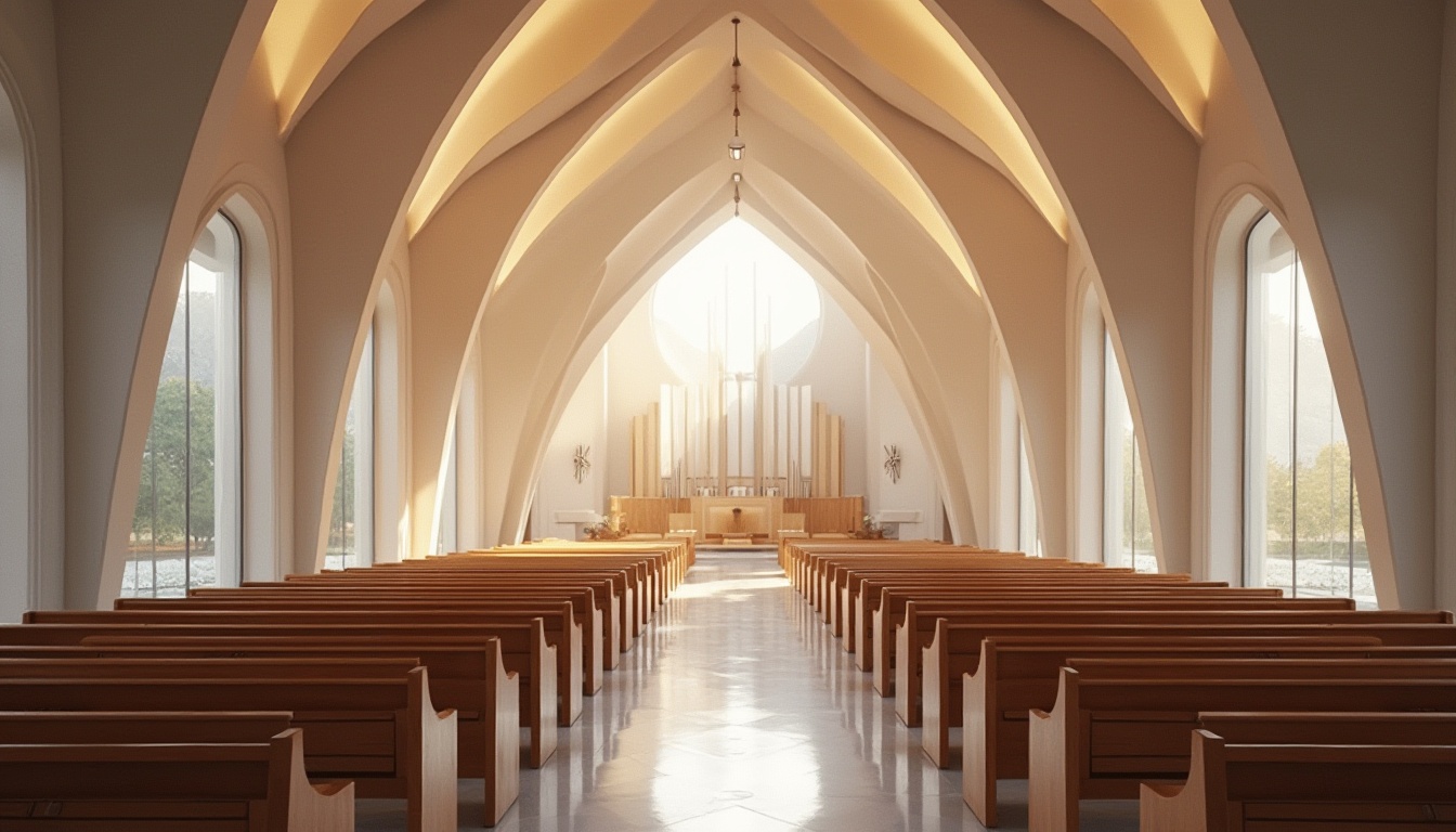 Prompt: Contemporary church, minimalist architecture, sleek lines, curved roofs, stained glass windows, natural light illumination, sacred symbols, abstract sculptures, wooden pews, polished marble floors, vaulted ceilings, grand organs, soft warm lighting, subtle shadows, 1/1 composition, symmetrical view, realistic textures, ambient occlusion, peaceful atmosphere, serene ambiance.