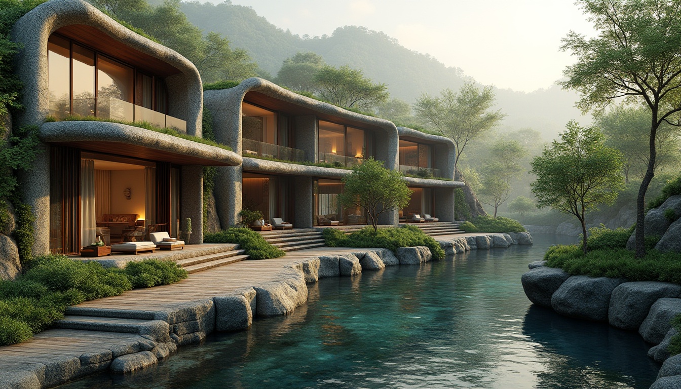 Prompt: Harmonious building facade, organic curves, natural stone walls, lush green roofs, verdant gardens, serene water features, meandering pathways, rustic wooden decks, cantilevered structures, minimalist railings, floor-to-ceiling windows, sliding glass doors, warm ambient lighting, soft shadows, atmospheric misting, 1/1 composition, symmetrical balance, realistic textures, subtle color palette, earthy tones, seamless landscape integration.