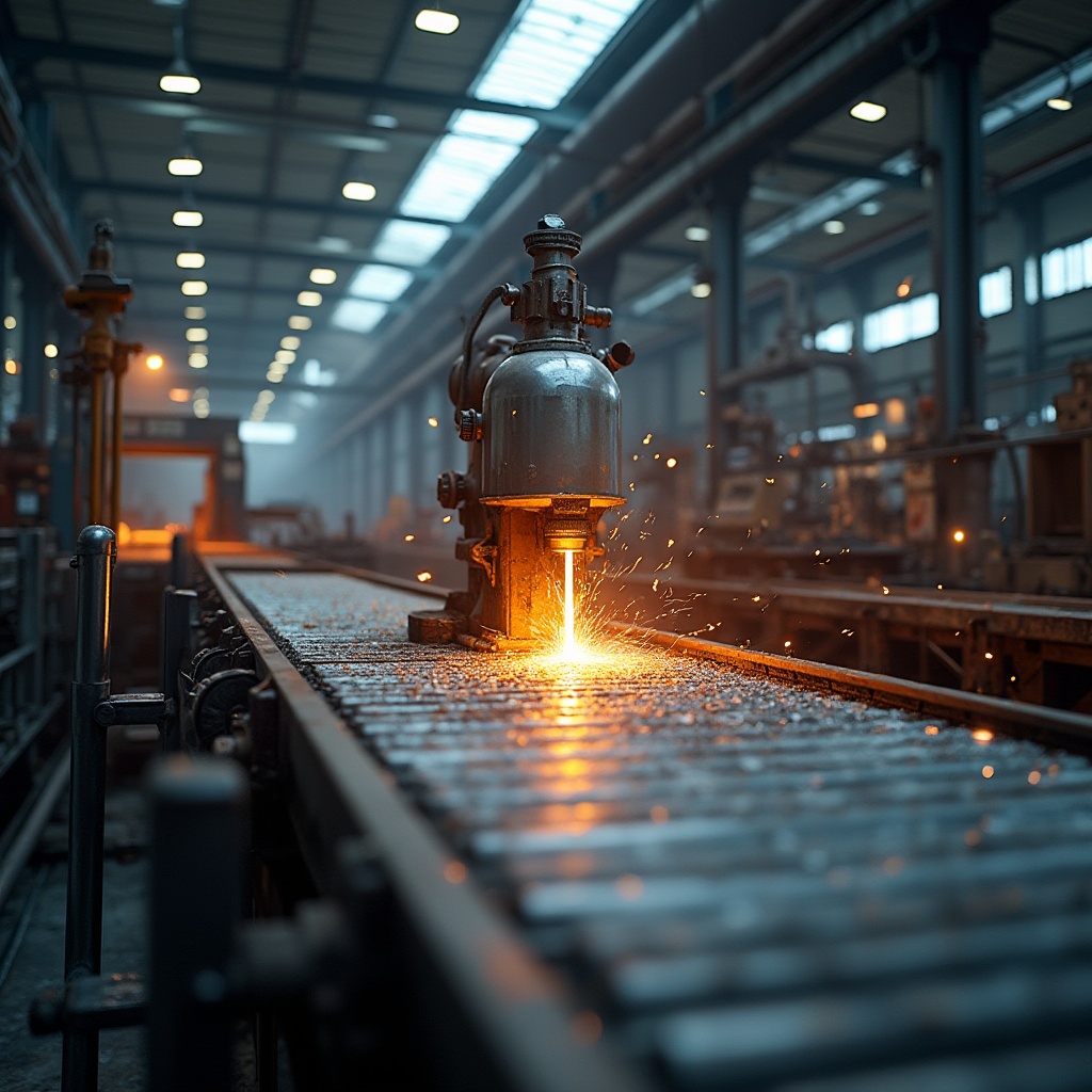 Prompt: Industrial aluminium factory, metallic textures, reflective surfaces, modern machinery, conveyor belts, assembly lines, welding sparks, molten metal, pouring processes, fabrication tools, workshop atmosphere, bright overhead lighting, shallow depth of field, 3/4 composition, realistic reflections, ambient occlusion.