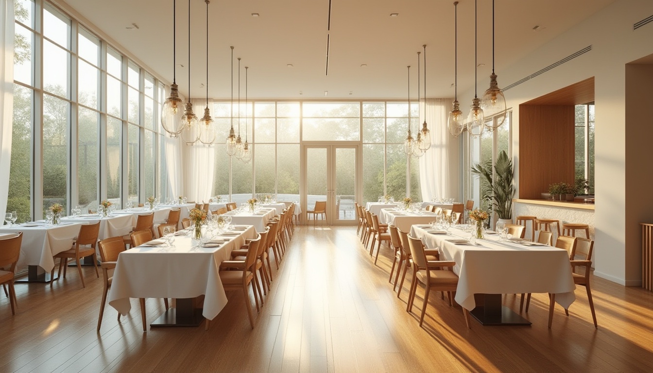 Prompt: Spacious dining hall, large windows, floor-to-ceiling glazing, transparent glass doors, minimal obstructions, reflective surfaces, white walls, polished wooden floors, elegant chandeliers, pendant lights, warm beige tones, inviting atmosphere, morning sunlight, soft diffused lighting, shallow depth of field, 1/2 composition, realistic textures, ambient occlusion.