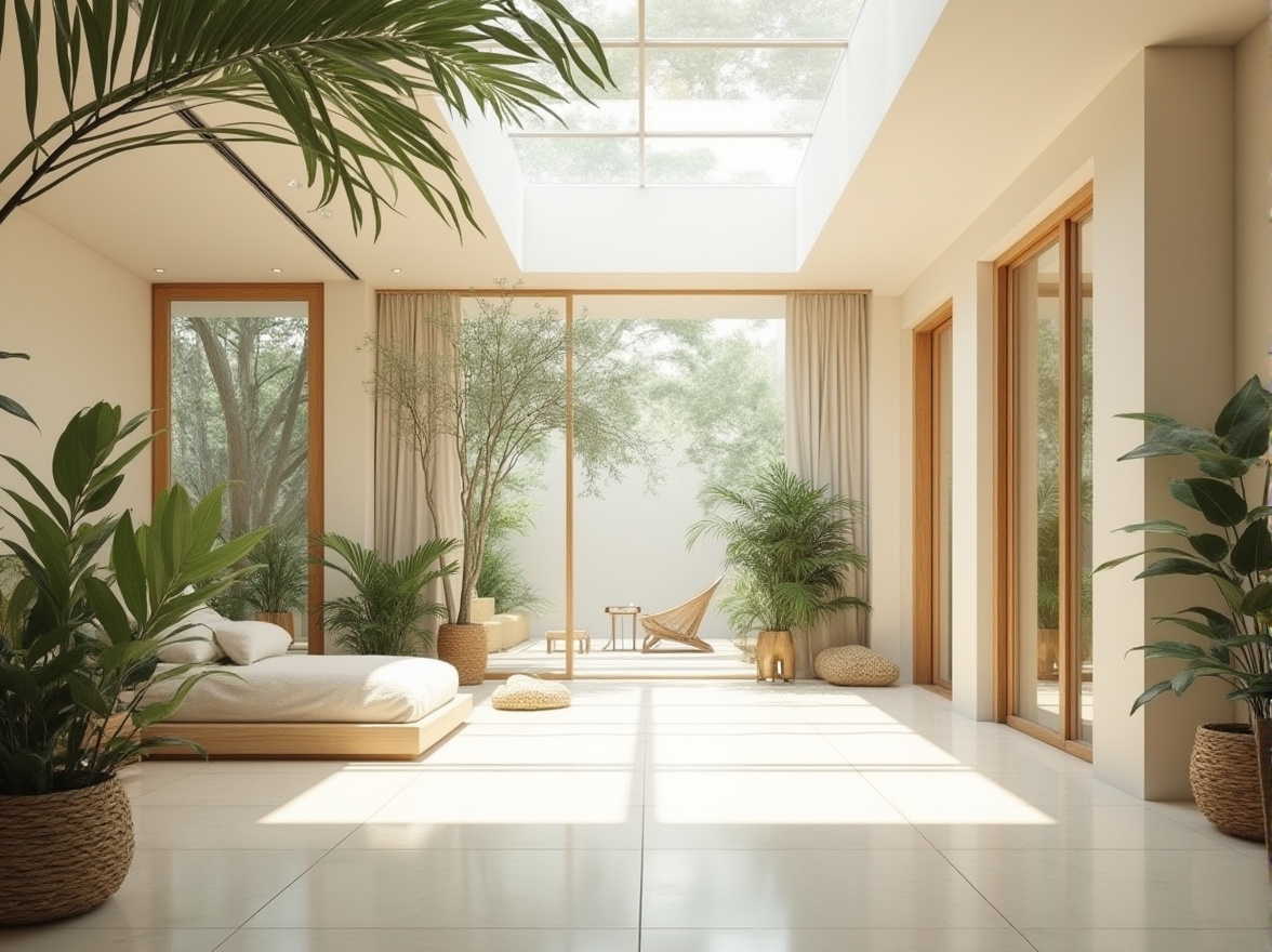 Prompt: Spacious open-plan interior, large windows, sliding glass doors, clerestory windows, skylights, light-filled atriums, minimal obstructions, reflective surfaces, matte finishes, creamy whites, soft pastels, warm beige tones, lush greenery, natural textiles, woven fibers, organic shapes, effortless flow, airy ambiance, subtle shading, gentle glow, soft diffused lighting, warm color temperatures, inviting atmosphere.