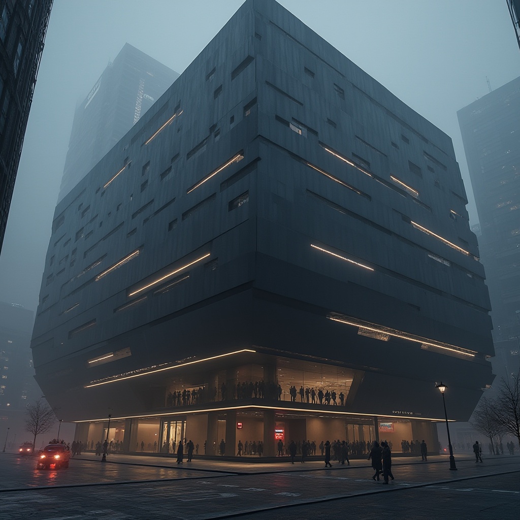 Prompt: Dark gray, metallic facade, futuristic architecture, angular lines, sleek minimalist design, LED lighting strips, neon accents, reflective glass surfaces, geometric patterns, urban cityscape, evening atmosphere, misty fog, moody warm lighting, shallow depth of field, 1/2 composition, realistic textures, ambient occlusion.