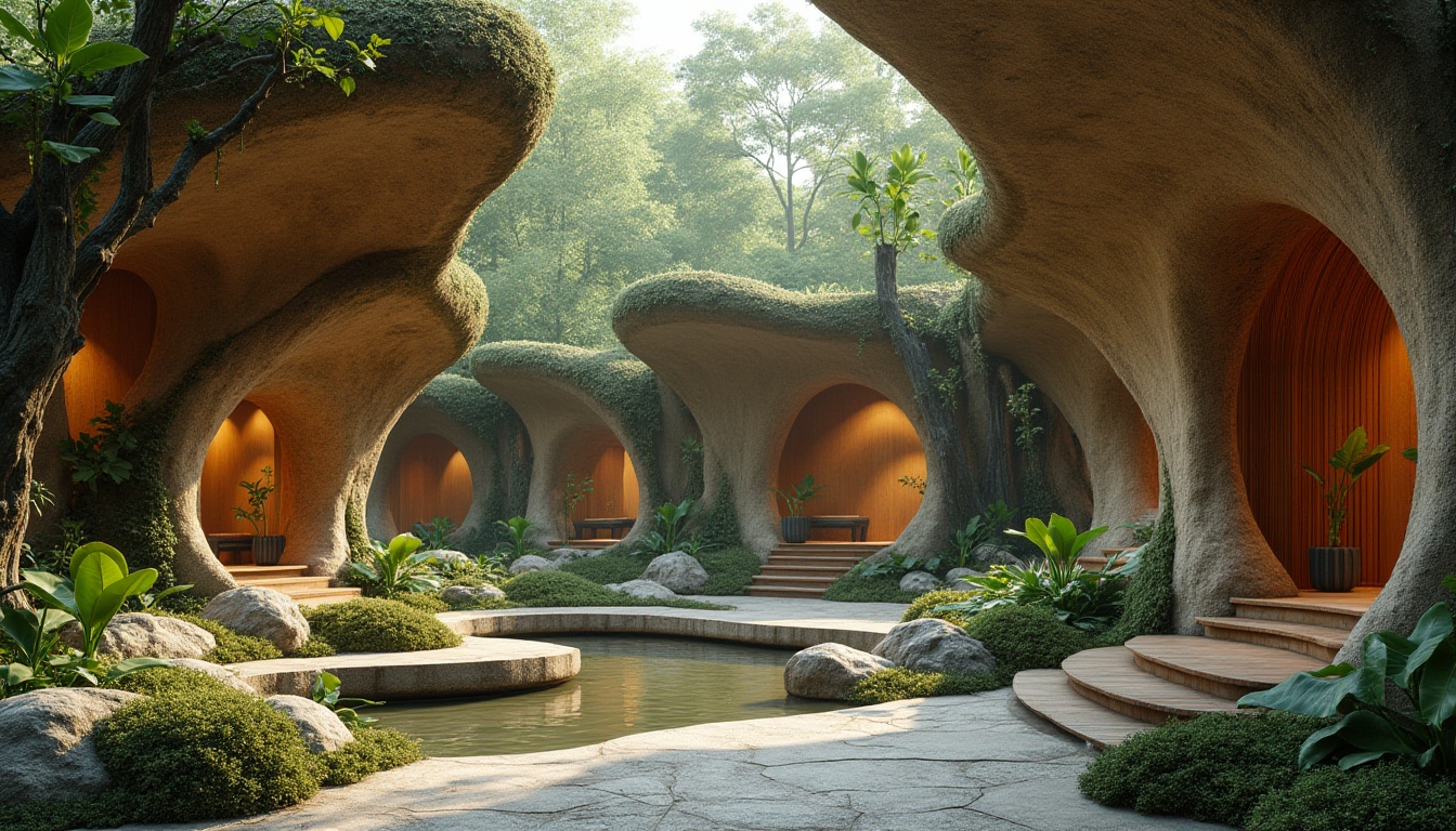 Prompt: Wavy botanical forms, earthy tones, natural materials, irregular contours, smooth curves, flowing lines, organic textures, moss-covered surfaces, petal-like details, branch-inspired structures, wooden accents, stone foundations, lush greenery, serene atmosphere, soft diffused lighting, 1/1 composition, intimate scale, realistic render.