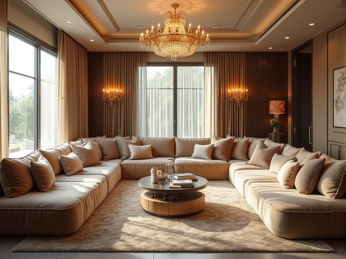 Prompt: Luxurious living room, plush sofas, velvet fabrics, soft cushions, patterned rugs, rich wood accents, elegant chandeliers, floor-to-ceiling windows, natural light, warm beige walls, sophisticated color palette, textured throw pillows, metallic decorative accents, luxurious drapery, subtle sheen, tactile experiences, inviting ambiance, 1/1 composition, shallow depth of field, softbox lighting.