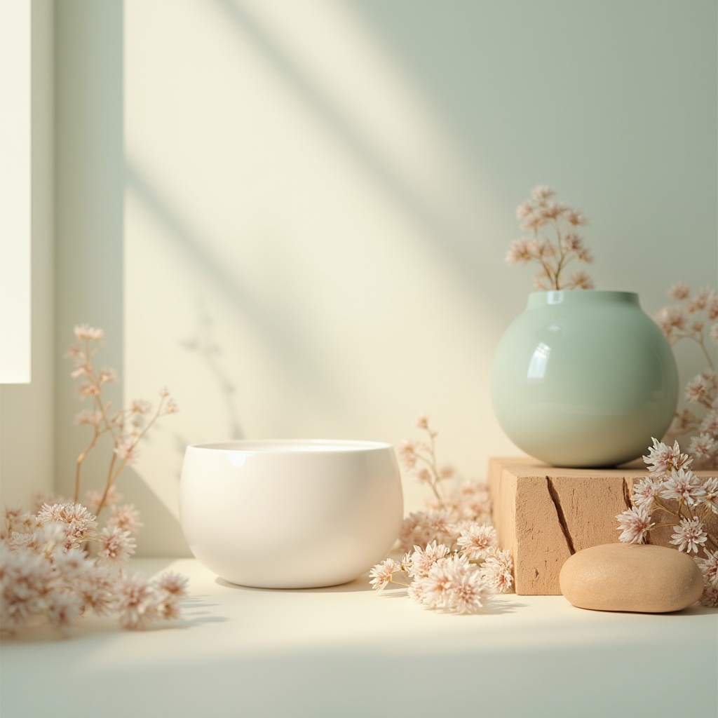 Prompt: Soft pastel hues, calming atmosphere, serene ambiance, gentle color transitions, soothing background textures, creamy whites, pale blues, minty greens, warm beige, rich wood accents, natural stone surfaces, earthy terracotta, subtle gradient effects, soft focus, shallow depth of field, 1/1 composition, realistic material reflections, ambient occlusion.